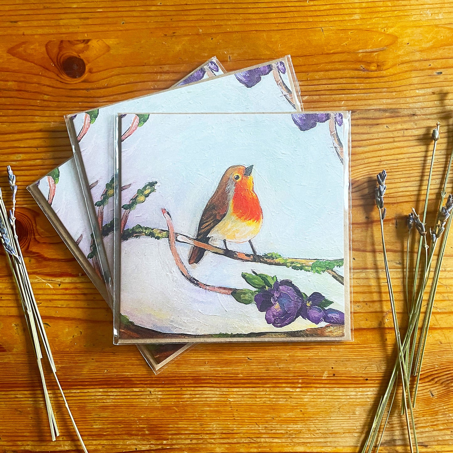 Robin on a Branch Greeting Card (Pack of 3)